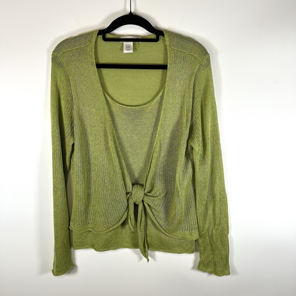 Coldwater Creek Green Tie Front Sweater‎ Linen Cotton Size M Y2K 90s Friends